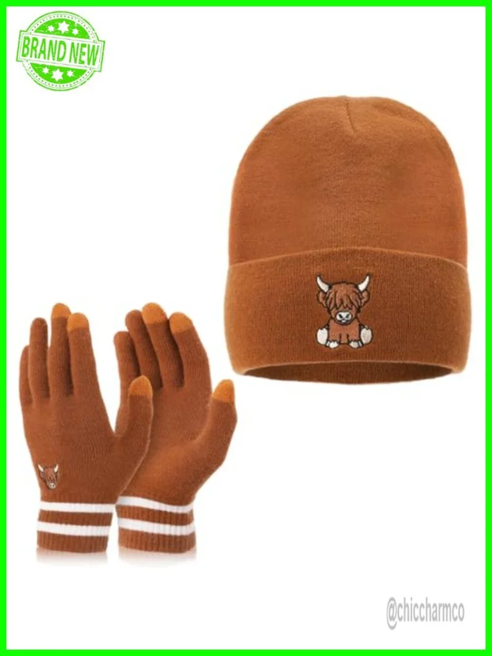 Women's Winter Knitted Highland Cow Beanie & Touchscreen Gloves Set